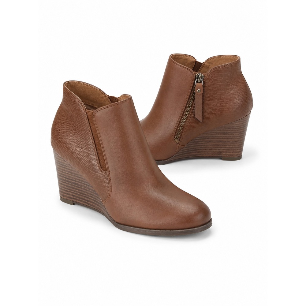 Cognac Brown Wedge Ankle Booties Lizard Embossed Texture Almond Toe Side Zip 9